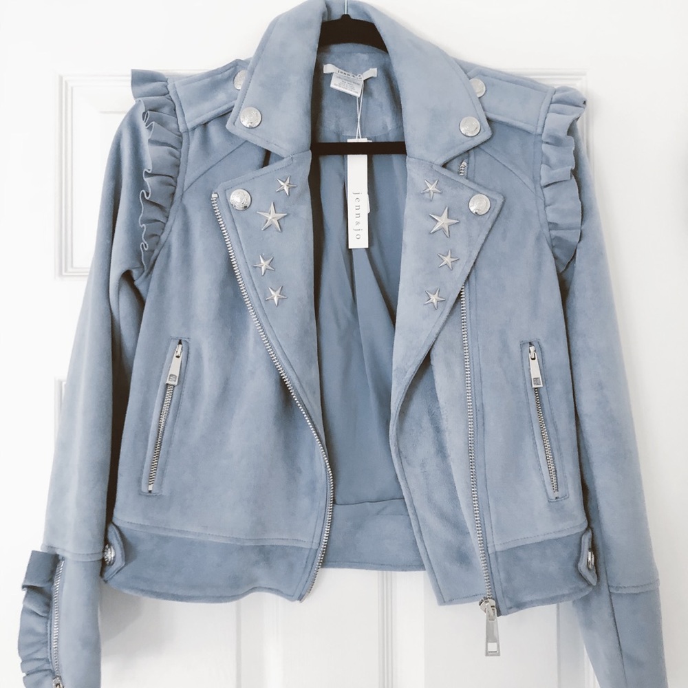 Blue Faux Suede Moto Jacket